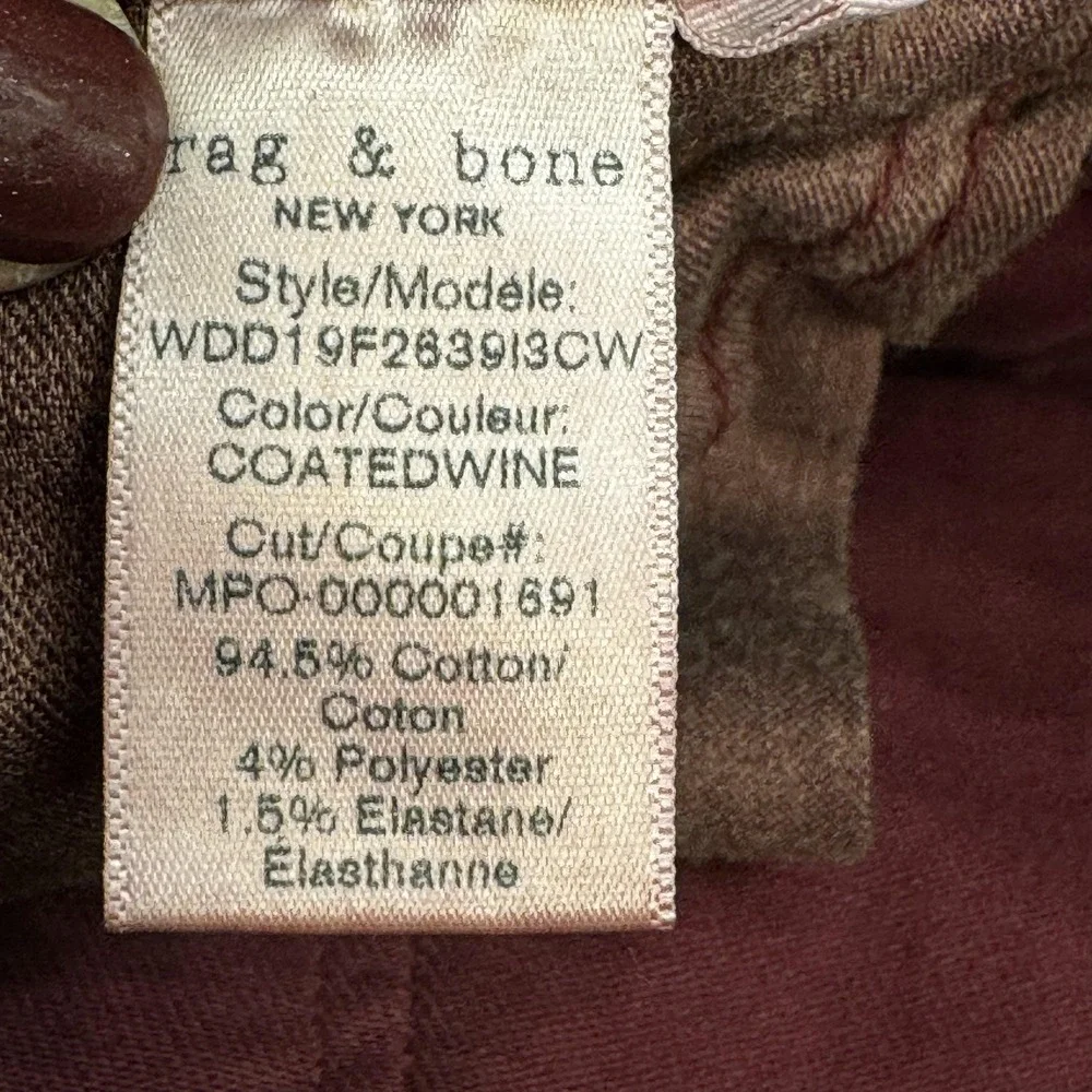 rag‎ & bone Jeans Womens 27 Coated Wine Nina High-Rise Ankle Skinny Made in USA